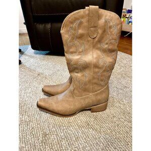 🆕Women Tan Faux Leather Snip Toe Chunky Block Heel Embroidered Western Boot